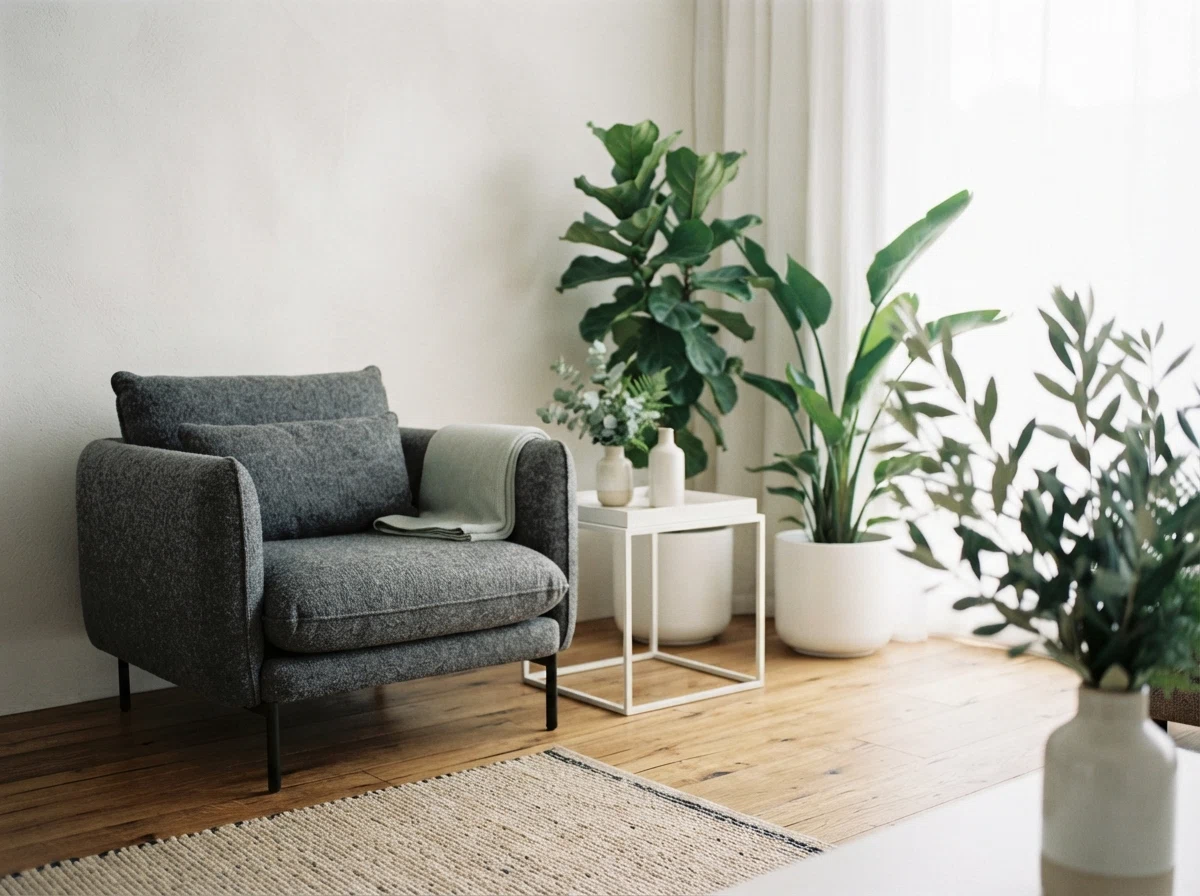 Moderne arbejdsplads med plantas og ordnede hylder